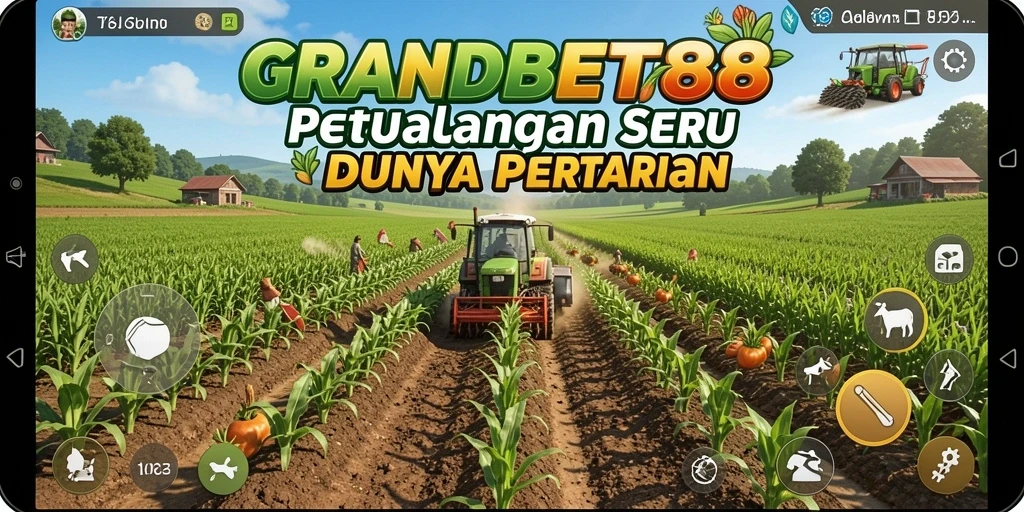 Tangkapan layar gameplay <strong>GRANDBET88</strong> menampilkan ladang yang subur dan aktivitas bertani.