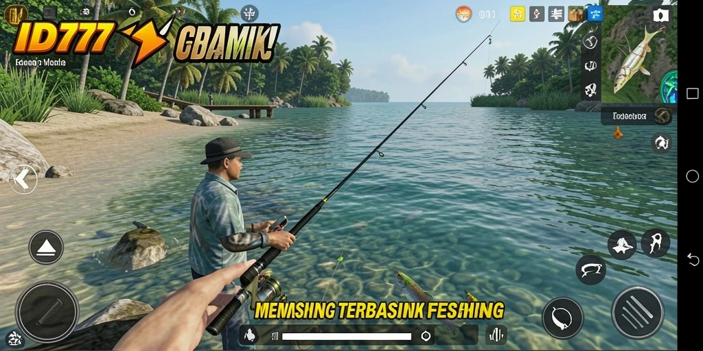 Tampilan gameplay ID777 dengan suasana pemandangan memancing yang indah.