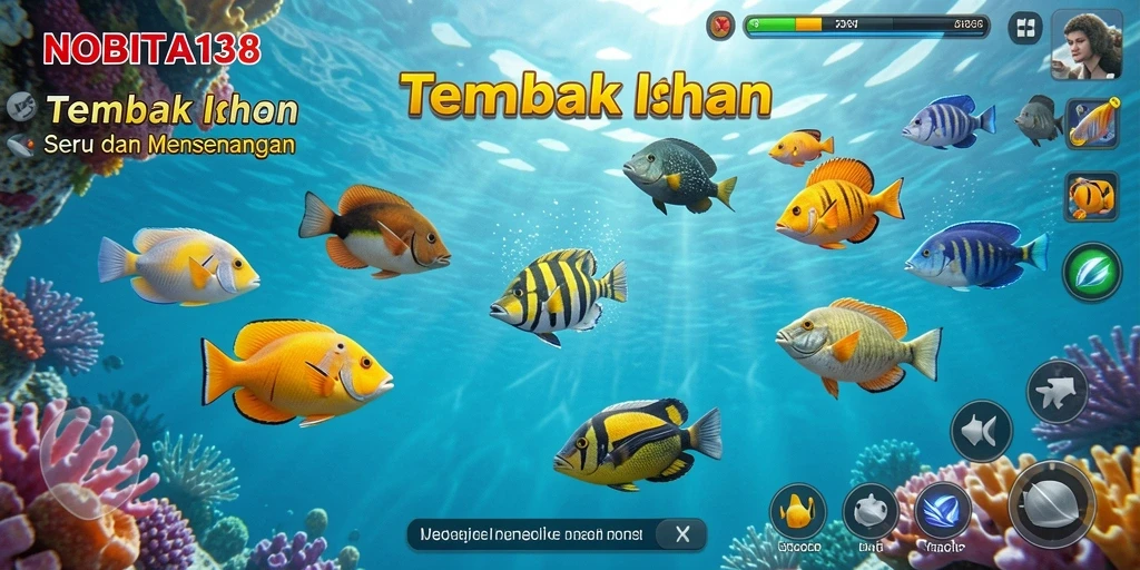 Screenshot gameplay NOBITA138 menampilkan keseruan menembak ikan.
