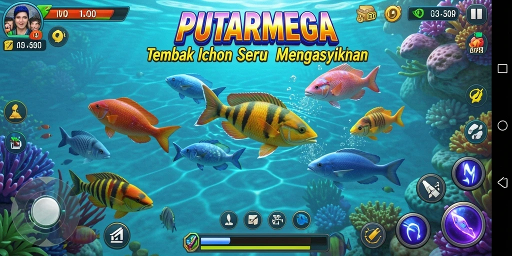 Tampilan gameplay PUTARMEGA dengan aksi menembak ikan yang seru.